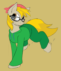 Size: 2893x3350 | Tagged: safe, artist:monycaalot, imported from derpibooru, oc, oc only, oc:brackets, earth pony, pony, brown background, clothes, colored sketch, gift art, glasses, hoodie, jumping, legs in air, male, pants, simple background, solo, sweatpants