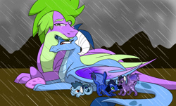 Size: 1024x620 | Tagged: safe, artist:colourstrike, imported from derpibooru, princess ember, spike, dragon, baby, baby dragon, crying, emberspike, family, female, male, mountain, rain, shipping, straight