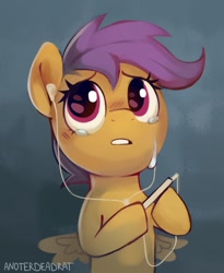 Size: 1051x1280 | Tagged: safe, artist:anotherdeadrat, imported from derpibooru, scootaloo, pegasus, pony, crying, cute, cutealoo, earbuds, female, filly, foal, sad, sadorable, solo, spread wings, wings
