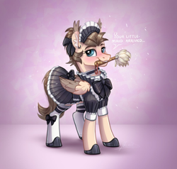 Size: 1200x1144 | Tagged: safe, artist:helmie-art, imported from derpibooru, oc, oc only, oc:dima, pegasus, pony, bow, clothes, dress, hair bow, maid, maid headdress, shoes, skirt, socks, solo, stockings, thigh highs