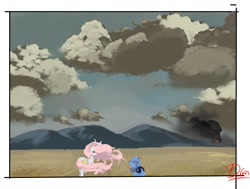 Size: 1197x907 | Tagged: safe, artist:thelunarmoon, imported from derpibooru, princess celestia, princess luna, alicorn, pony, butt, duo, facing away, female, filly, floppy ears, mare, pink-mane celestia, plot, scenery, siblings, signature, sisters, smoke, windswept mane, woona, younger