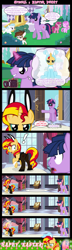 Size: 1280x4420 | Tagged: safe, artist:bigsnusnu, imported from derpibooru, pipsqueak, sunset shimmer, twilight sparkle, comic:dusk shine in pursuit of happiness, animal costume, bowtie, bunny costume, bunny ears, bunny suit, camera, canterlot castle, clothes, comic, costume, dusk shine, easter, easter bunny, easter egg, embarrassed, happy easter, high heels, holiday, red face, rule 63, shoes, stockings, thigh highs