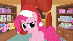 Size: 820x461 | Tagged: safe, artist:tiarawhy, imported from derpibooru, pinkie pie, earth pony, pony, christmas, female, hat, hearthswarming heat, holiday, santa hat, solo