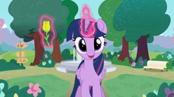 Size: 2557x1431 | Tagged: safe, artist:tiarawhy, imported from derpibooru, twilight sparkle, alicorn, pony, bench, female, flower, fountain, glowing, glowing horn, horn, looking at you, magic, park, pony waifu sim, scenery, solo, telekinesis, tree, tulip, twilight sparkle (alicorn)