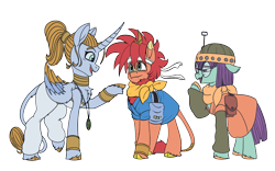 Size: 1920x1200 | Tagged: safe, artist:brainiac, imported from derpibooru, alicorn, earth pony, kirin, pony, alicornified, chrono trigger, crono, crossover, female, kirin-ified, lucca, male, mare, marle, ponified, race swap, simple background, species swap, stallion, transparent background