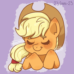 Size: 2048x2048 | Tagged: source needed, safe, artist:kikimi34454, imported from derpibooru, applejack, earth pony, pony, cowboy hat, cute, eyes closed, female, hat, jackabetes, mare, purple background, simple background, sleeping, solo