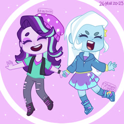 Size: 2048x2048 | Tagged: source needed, safe, artist:kikimi34454, imported from derpibooru, starlight glimmer, trixie, human, equestria girls, duo, duo female, eyes closed, female, hat, holding hands, singing