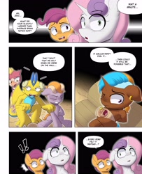 Size: 3000x3700 | Tagged: safe, artist:begoliah, imported from derpibooru, scootaloo, sweetie belle, oc, dragon, earth pony, hippogriff, pegasus, pony, unicorn, comic:crusaders, baby, baby pony, comic, crying, female, human shoulders, male, sternocleidomastoid