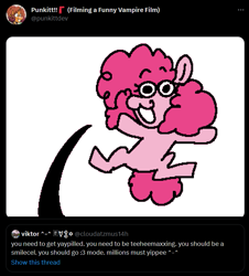 Size: 805x891 | Tagged: safe, artist:punkittdev, imported from derpibooru, pinkie pie, earth pony, pony, female, mare, meta, open mouth, open smile, smiling, solo, text, twitter