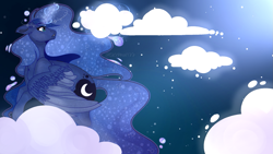 Size: 1581x889 | Tagged: safe, artist:dejja-vu122, imported from derpibooru, princess luna, alicorn, pony, cloud, glowing, glowing horn, horn, on a cloud, solo