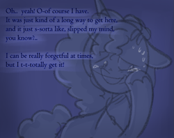 Size: 853x677 | Tagged: safe, anonymous artist, imported from derpibooru, pony, unicorn, series:misty pov, blatant lies, cornrows, crying, dialogue, ears back, female, floppy ears, g5, grin, jewelry, limited palette, looking away, mare, misty brightdawn, necklace, nervous, nervous grin, offscreen character, smiling, solo, sweat, teary eyes, unshorn fetlocks, wiping tears