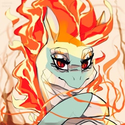 Size: 2048x2048 | Tagged: safe, artist:stercore_murum, imported from derpibooru, dragon, hybrid, longma, them's fightin' herds, community related, eyelashes, female, looking at you, mane of fire, tianhuo (tfh)