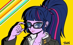 Size: 1183x743 | Tagged: safe, artist:banquo0, imported from derpibooru, sci-twi, twilight sparkle, human, equestria girls, bust, clothes, crossover, female, glasses, looking at you, persona, persona 4, ponytail, school uniform, smiling, solo, yu narukami