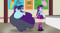 Size: 2560x1440 | Tagged: safe, artist:neongothic, imported from derpibooru, sci-twi, twilight sparkle, alicorn, human, equestria girls, bbw, belly, big belly, big breasts, bingo wings, boba tea, breasts, burger, busty sci-twi, chubby cheeks, clothes, double chin, fat, fat ass, fat boobs, fat fetish, female, fetish, food, french fries, glasses, huge belly, huge butt, human paradox, impossibly large belly, impossibly large butt, large butt, morbidly obese, obese, physique difference, ponytail, sci-twilard, self paradox, skirt, ssbbw, thighs, thunder thighs, twilight has a big ass, twilight sparkle (alicorn), twolight, weight gain