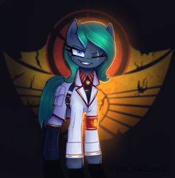 Size: 2800x2840 | Tagged: safe, artist:opal_radiance, imported from derpibooru, oc, oc only, oc:colour field, earth pony, pony, equestria at war mod, clothes, earth pony oc, eye scar, facial scar, grin, high res, looking at you, one eye closed, pax solaris, scar, smiling, smiling at you, solar empire, solo, uniform, wink, winking at you