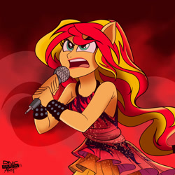 Size: 1920x1920 | Tagged: safe, artist:dncsamsonart, imported from derpibooru, sunset shimmer, human, equestria girls, equestria girls series, rainbow rocks, bare shoulders, clothes, digital art, dress, female, high res, long hair, microphone, ponied up, pony ears, redraw, scene interpretation, singing, sleeveless, solo, wristband