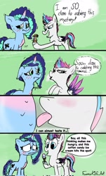Size: 1233x2048 | Tagged: safe, artist:funnyk16, imported from derpibooru, zipp storm, pegasus, pony, unicorn, bait and switch, blushing, comic, dialogue, duo, duo female, ears back, fake cutie mark, female, floppy ears, folded wings, food, freckles, g5, green background, gulp, hoof hold, ice cream, licking, looking at someone, looking at something, looking away, mare, misty brightdawn, nervous, raised hoof, reference, shaking, signature, simple background, spongebob reference, spongebob squarepants, spread wings, sweat, sweatdrops, the smoking peanut, tongue out, unshorn fetlocks, wings