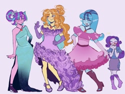 Size: 2000x1500 | Tagged: safe, artist:dulcesilly, imported from derpibooru, adagio dazzle, aria blaze, rarity, sonata dusk, human, equestria girls, alternate hairstyle, clothes, commission, dress, evening gloves, eye clipping through hair, eyes closed, female, gloves, long gloves, off shoulder, open mouth, open smile, purple background, simple background, smiling, the dazzlings