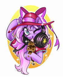 Size: 2353x2868 | Tagged: safe, artist:opalacorn, imported from derpibooru, oc, oc only, oc:lillybit, earth pony, pony, commission, female, food, hat, headphones, hoof hold, ice cream, ice cream cone, licking, looking at you, mare, one eye closed, simple background, solo, tongue out, white background, wink, winking at you