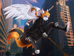 Size: 2200x1683 | Tagged: safe, artist:serodart, imported from derpibooru, oc, oc only, anthro, pegasus, plantigrade anthro, anthro oc, catsuit, city, clothes, converse, femboy, jacket, latex, latex suit, male, marvel, new york city, pegasus oc, pigtails, shoes, sneakers, solo, spider-man, stick, weapon, wings