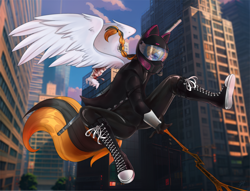 Size: 2200x1683 | Tagged: safe, alternate version, artist:serodart, imported from derpibooru, oc, anthro, pegasus, anthro oc, catsuit, city, clothes, converse, femboy, hamlet, helmet, jacket, latex, latex suit, male, marvel, motorcycle helmet, new york city, pegasus oc, pigtails, shoes, sneakers, solo, spider-man, stick, weapon, wings