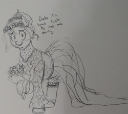 Size: 2228x1982 | Tagged: safe, artist:pony quarantine, imported from derpibooru, oc, oc only, oc:anon-mare, earth pony, pony, bouquet, clothes, dialogue, dress, female, flower, grayscale, looking at you, mare, monochrome, pencil drawing, smiling, smiling at you, solo, talking to viewer, traditional art, veil, wedding dress
