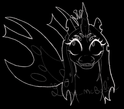 Size: 2349x2068 | Tagged: source needed, safe, artist:luna_mcboss, imported from derpibooru, queen chrysalis, changeling, changeling queen, black and white, black background, bust, crooked horn, crown, grayscale, horn, insect wings, insectoid, jewelry, monochrome, multiple eyes, outline, regalia, sharp teeth, simple background, solo, teeth, toothy grin, white outline, wings