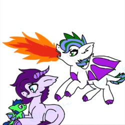 Size: 750x750 | Tagged: safe, artist:lilluluna, imported from derpibooru, oc, oc only, oc:aerial emmerald, oc:cobalt flame, oc:rhinestone reemdy, dracony, hybrid, brother and sister, claws, colt, dragon wings, female, filly, fire, fire breath, foal, horns, interspecies offspring, male, offspring, parent:rarity, parent:spike, parents:sparity, siblings, simple background, trio, white background, wings