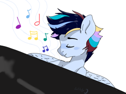 Size: 4032x3024 | Tagged: safe, artist:lilluluna, imported from derpibooru, oc, oc only, oc:spectral cyclone, pegasus, pony, colt, eyes closed, foal, male, music notes, musical instrument, offspring, parent:rainbow dash, parent:soarin', parents:soarindash, piano, simple background, solo, white background