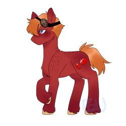 Size: 1024x1024 | Tagged: safe, artist:lilluluna, imported from derpibooru, oc, oc only, oc:red stone, earth pony, pony, colt, foal, freckles, goggles, goggles on head, male, offspring, parent:big macintosh, parent:marble pie, parents:marblemac, shoulder freckles, simple background, solo, traditional art, unshorn fetlocks, white background
