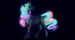 Size: 4300x2300 | Tagged: safe, artist:whitearbalest, imported from derpibooru, oc, oc:murava, pony, unicorn, dark background, glowing mane, simple background, solo