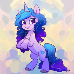 Size: 2048x2048 | Tagged: safe, artist:pfeffaroo, imported from derpibooru, izzy moonbow, pony, unicorn, abstract background, bipedal, cute, female, g5, izzybetes, mare, open mouth, open smile, rearing, smiling, solo, unshorn fetlocks