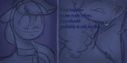 Size: 1272x634 | Tagged: safe, anonymous artist, imported from derpibooru, earth pony, pony, unicorn, series:misty pov, bruised, clothes, comic, crying, dahlia, dialogue, duo, ears back, eye clipping through hair, eyebrows, eyebrows visible through hair, female, flower, flower in hair, g5, jewelry, limited palette, mare, misty brightdawn, necklace, scarf, shocked
