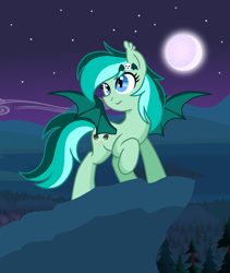 Size: 1032x1223 | Tagged: safe, artist:madlilon2051, imported from derpibooru, oc, oc only, bat pony, pony, base used, bat pony oc, cliff, female, full moon, looking at something, mare, moon, night, outdoors, raised hoof, solo, spread wings, stars, wings