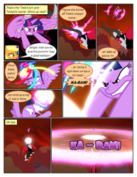 Size: 612x792 | Tagged: safe, edit, edited screencap, imported from derpibooru, screencap, applejack, lord tirek, twilight sparkle, alicorn, centaur, pony, taur, comic:friendship is dragons, twilight's kingdom, angry, blast, comic, dialogue, female, flying, glowing, glowing horn, gritted teeth, horn, magic, magic blast, mare, onomatopoeia, outdoors, screencap comic, teeth, twilight sparkle (alicorn)