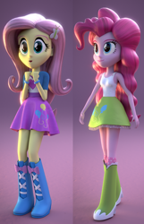 Size: 658x1024 | Tagged: safe, artist:3d thread, artist:creatorofpony, imported from derpibooru, fluttershy, pinkie pie, human, equestria girls, 3d, 3d model, bare shoulders, boots, clothes, clothes swap, cutie mark swap, duo, duo female, eyebrows, female, high heel boots, jacket, open mouth, open smile, shirt, shoes, skirt, sleeveless, smiling, socks, swapped cutie marks, tanktop, vest