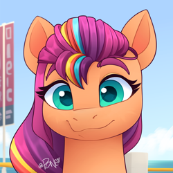 Size: 2200x2200 | Tagged: safe, artist:rivin177, imported from derpibooru, sunny starscout, earth pony, pony, bust, cute, ears, ears up, female, g5, looking at you, mane stripe sunny, mare, maretime bay, my little pony: make your mark, ocean, portrait, smiling, solo, sunnybetes, water, wide eyes