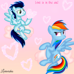 Size: 1400x1400 | Tagged: safe, artist:mlplary6, imported from derpibooru, rainbow dash, soarin', pegasus, pony, cloud, female, heart, looking at each other, looking at someone, male, mare, shipping, sitting, smiling, smiling at each other, soarindash, stallion, straight, text
