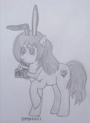 Size: 2592x3540 | Tagged: safe, artist:dimdariusz, imported from derpibooru, earth pony, pony, bunny ears, camera, female, grayscale, mare, monochrome, pencil drawing, photo, ponified, rwby, signature, simple background, solo, traditional art, velvet scarlatina