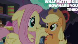 Size: 2000x1125 | Tagged: safe, edit, edited screencap, editor:quoterific, imported from derpibooru, screencap, applejack, fluttershy, party pooped