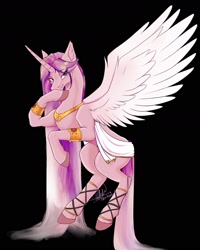 Size: 1440x1800 | Tagged: safe, artist:shackle_moon, imported from derpibooru, princess cadance, alicorn, pony, black background, bracelet, concave belly, jewelry, long mane, redesign, simple background, solo