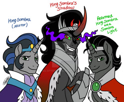 Size: 1280x1048 | Tagged: safe, artist:melspyrose, idw, imported from derpibooru, king sombra, pony, unicorn, reflections, siege of the crystal empire, spoiler:comic, alternate universe, armor, brooch, cape, clothes, cravat, crown, good king sombra, jewelry, male, multiverse, necklace, necktie, peytral, reformed sombra, regalia, simple background, stallion, trio, white background