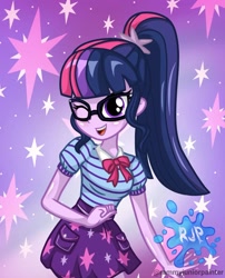 Size: 1080x1335 | Tagged: safe, alternate version, artist:rjp.rammy, imported from derpibooru, sci-twi, twilight sparkle, human, equestria girls, equestria girls series, bowtie, breasts, cute, cutie mark, female, glasses, looking at you, one eye closed, open mouth, open smile, ponytail, signature, smiling, smiling at you, solo, twiabetes, wink, winking at you