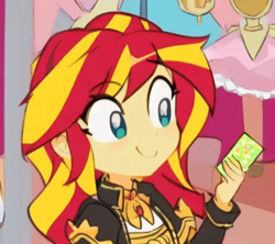 Size: 576x512 | Tagged: safe, edit, edited screencap, editor:luckreza8, imported from derpibooru, screencap, sunset shimmer, human, equestria girls, equestria girls series, sunset's backstage pass!, spoiler:eqg series (season 2), ai content, ai generated, anime, card, female, generator:pinegraph, happy