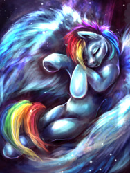 Size: 900x1200 | Tagged: safe, artist:kreativpony, imported from derpibooru, rainbow dash, pegasus, cuddly, sleeping, wings