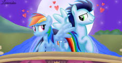 Size: 1980x1020 | Tagged: safe, artist:mlplary6, imported from derpibooru, rainbow dash, soarin', pegasus, pony, bridge, female, heart, lake, looking at each other, looking at someone, looking up, love, male, mare, moon, moonlight, romantic, shipping, smiling, smiling at each other, soarindash, stallion, straight, water