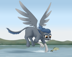 Size: 3931x3103 | Tagged: safe, artist:waffletheheadmare, imported from derpibooru, oc, oc only, fish, griffon, female, flying, griffon oc, hill, lake, mountain, sky, smiling, solo, water, wings