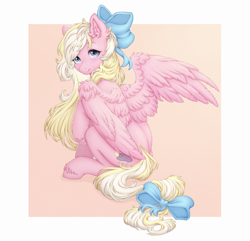 Size: 2700x2600 | Tagged: safe, artist:sugarrr, imported from derpibooru, oc, oc only, oc:bay breeze, pegasus, pony, bow, cute, female, fluffy, hair bow, heart, heart eyes, looking at you, looking back, looking back at you, mare, passepartout, pegasus oc, raised hoof, sitting, solo, spread wings, tail, tail bow, wingding eyes, wings