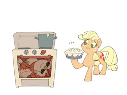 Size: 800x600 | Tagged: safe, artist:gor1ck, imported from derpibooru, applejack, autumn blaze, earth pony, kirin, pony, cloven hooves, duo, food, hoof hold, oven, pie, simple background, this will end in tears and/or breakfast, white background