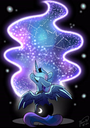 Size: 1920x2716 | Tagged: safe, artist:julunis14, imported from derpibooru, princess luna, alicorn, pony, black background, constellation, cute, dim light, ethereal mane, eyes closed, eyeshadow, flowing mane, galaxy mane, glowing cutie mark, glowing mane, jewelry, looking away, lunabetes, makeup, moonbutt, partially open wings, peytral, regalia, simple background, sitting, solo, starry mane, stars, wings